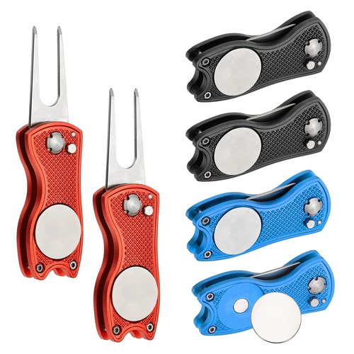 PATIKIL Golf Divot Repair Tool, 6 Pack Foldable Metal Golf Green Divot Tool with Magnetic Ball Marker & Stainless Steel Fork for Golfer, Blue/Red/Black