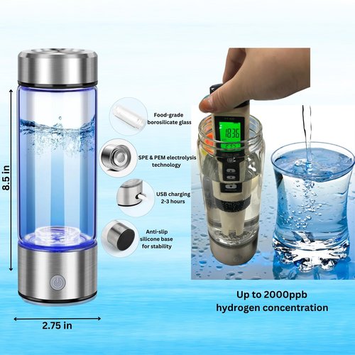 Hydrogen Water Bottle, 2026 Upgraded Model, SPE PEM Technology 2000ppb in 3 Minutes, 420ml, Portable Water Ionizer Machine, Rechargeable Battery, Silver