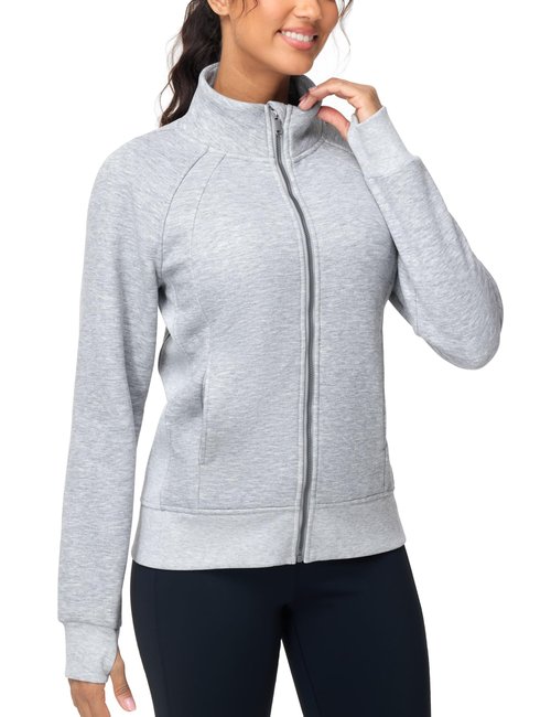 THE GYM PEOPLE Women's Full Zip Up Workout Sweatshirts Fleece Stand Collar Fall Jackets with Pockets Thumb Hole Heather Grey