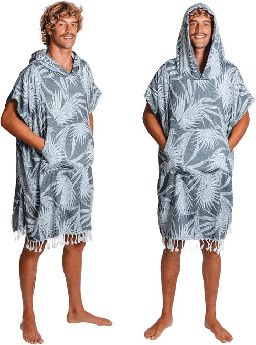 Nova Blue Black Jungle Surf Poncho - Adult Hooded Changing Towel | 100% Turkish Cotton, Quick Dry (33 X 37)