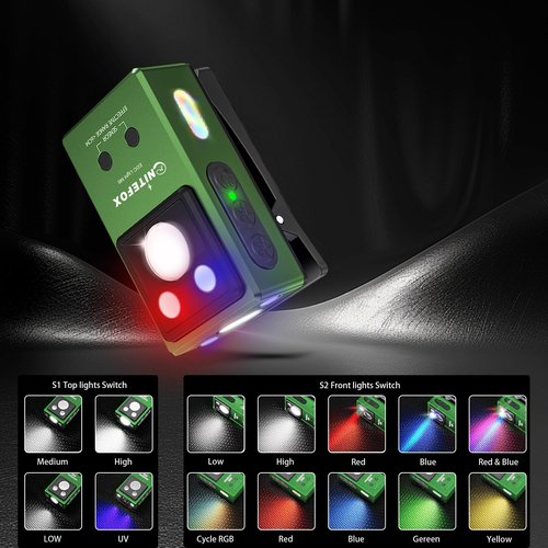 NITEFOX Clip-on Light EDC Flashlight Multi-purpose Clip light, 5 Light Sources White Red Blue RGB UV Lights All In One, Strong Clip Magnetic Sensor Hands Free for Outdoor Indoor Portable Lighting