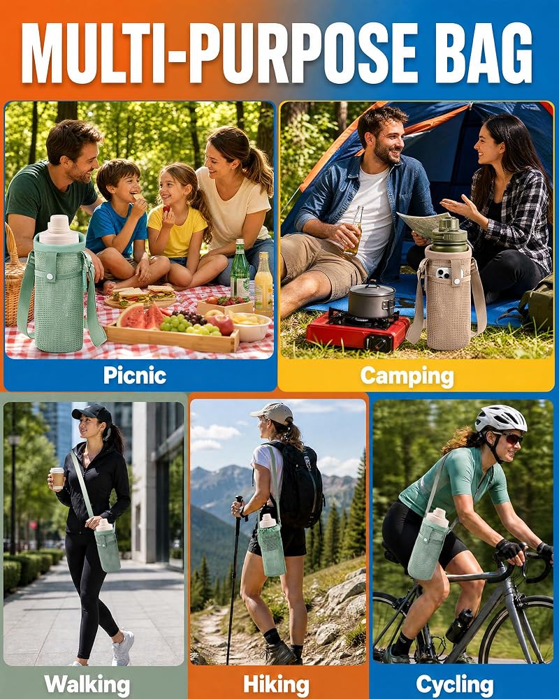 Water Bottle Holder Carrier with Strap - Khaki/Green Mesh Bottle Sling