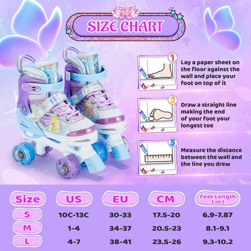 Roller Skates for Girls Boys, 4 Size Adjustable Roller Skates for Kids Toddler Youth with All Light up Wheels, Beginner Girls Skates Birthday Holiday Gifts for Indoor Outdoor (Small, Purple Blue)