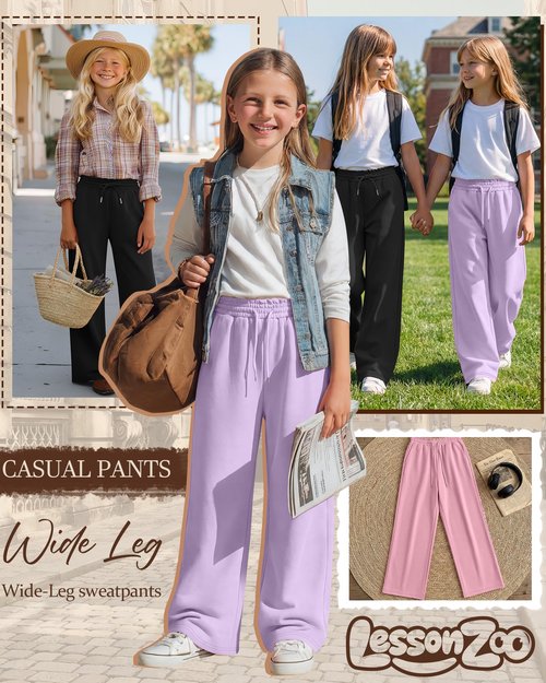 LessonZoo 3 Pack Girls' Sweatpants Straight Wide Leg Kids Drawstring Casual Joggers Teen Loose Athletic Pants with Pockets(9-10 Years,Light Purple, Pink, Black)