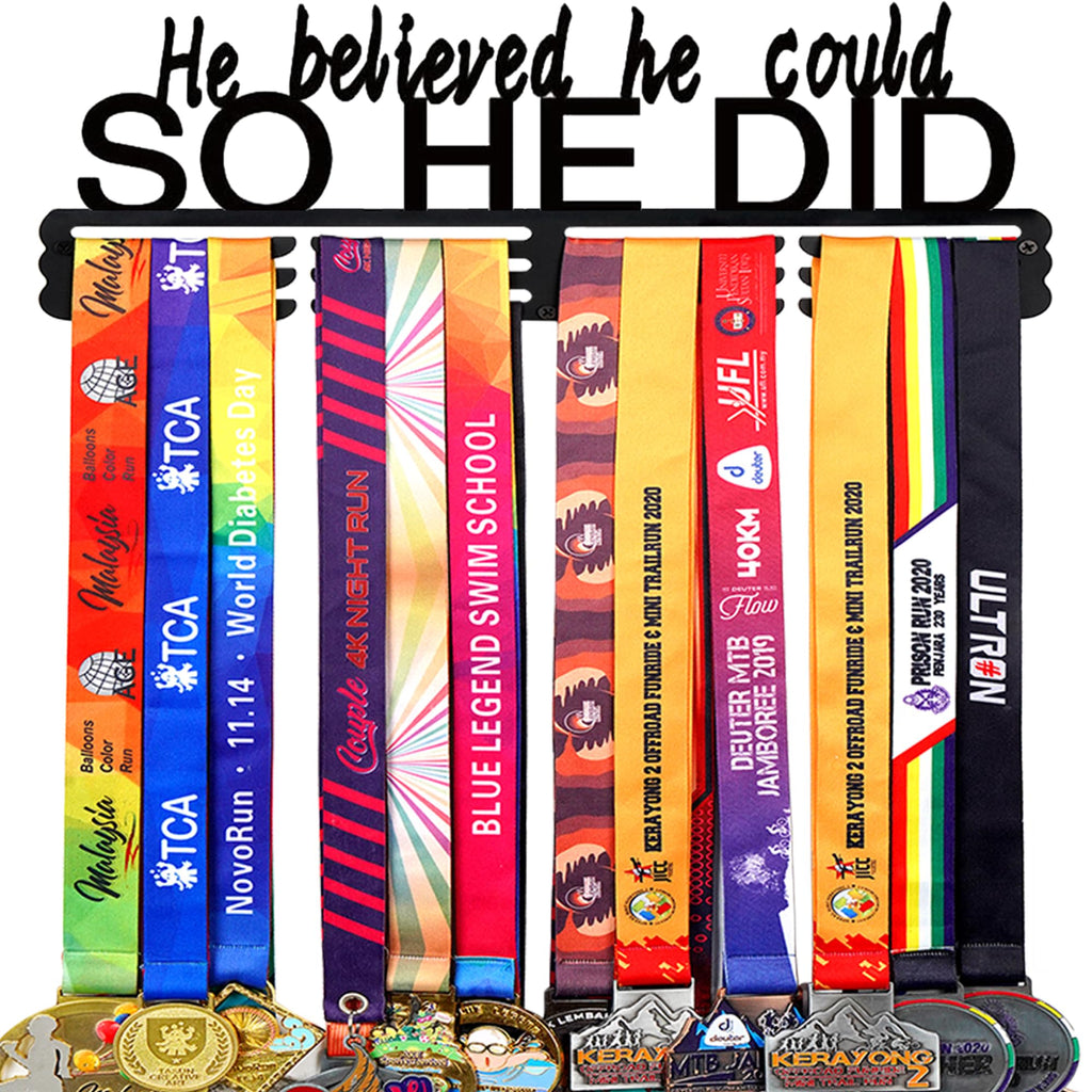 Goutoports Personalized Medal Hanger Display He Believed He Could So He Did | Holds 60+ Medals | Sturdy Black Steel Sports Medal Holder Rack for Men & Boys | Inspirational Gift for Athletes