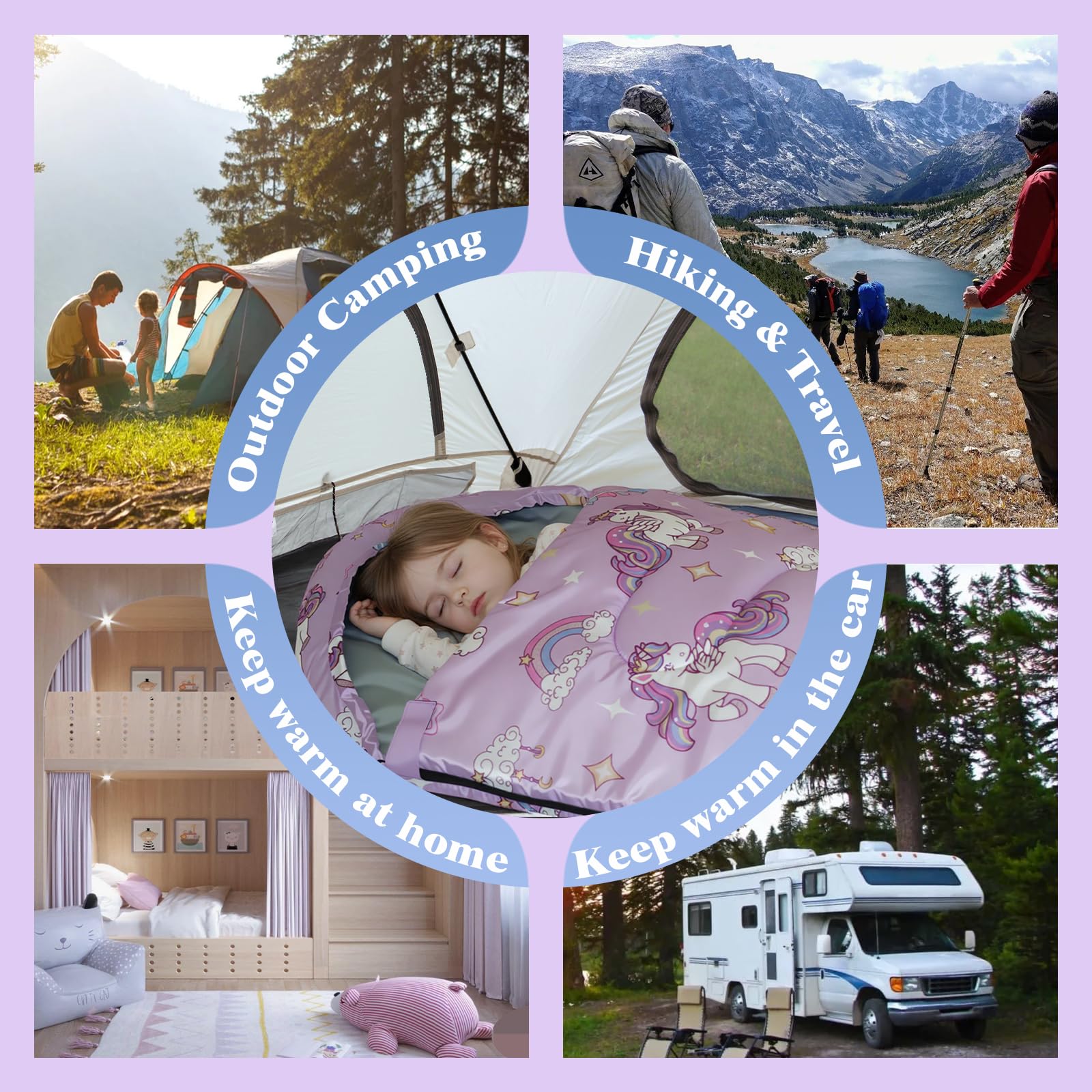 YOVOMEE Kids Sleeping Bag for Girls, 3 Season Sleeping Bag with Backpacking Bag, Warm & Cool Weather, Portable for Travel, Sleepovers, Indoor & Outdoor Camping, Machine Washable