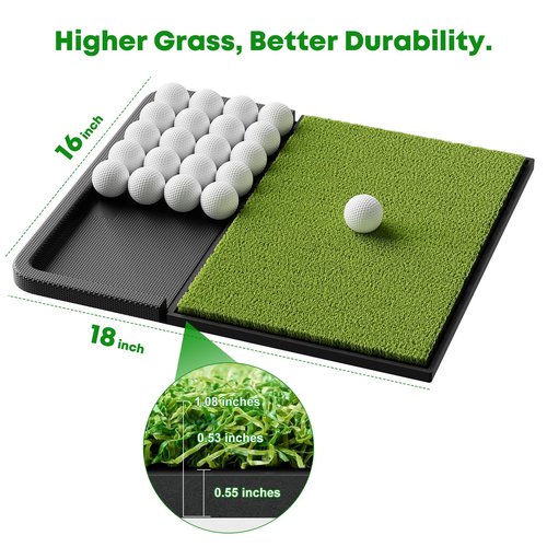 Integrated Golf Mat with Ball Tray, Small Thickening Golf Mats Practice Outdoor & Indoor, Artificial Grass with Anti-Slip Rubber Bottom Mat for Driving, Chipping Swing
