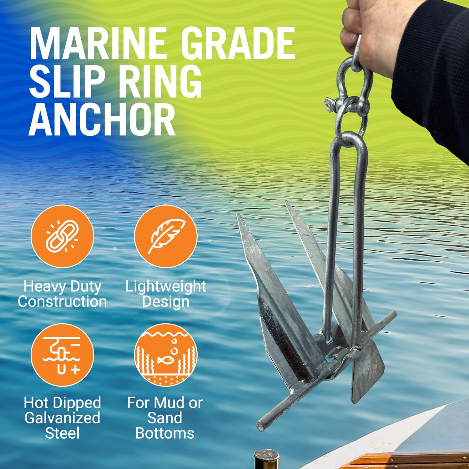 Boat Anchor - Galvanized Steel Marine Grade with Slip Ring | 5 lb Fluke Design for Pontoon & Small Boats