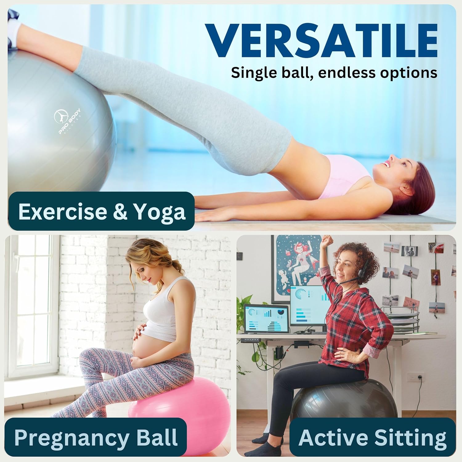 ProBody Pilates Exercise Ball - Gym-Grade Balance Ball for Fitness, Yoga & Physical Therapy | Multiple Sizes Available