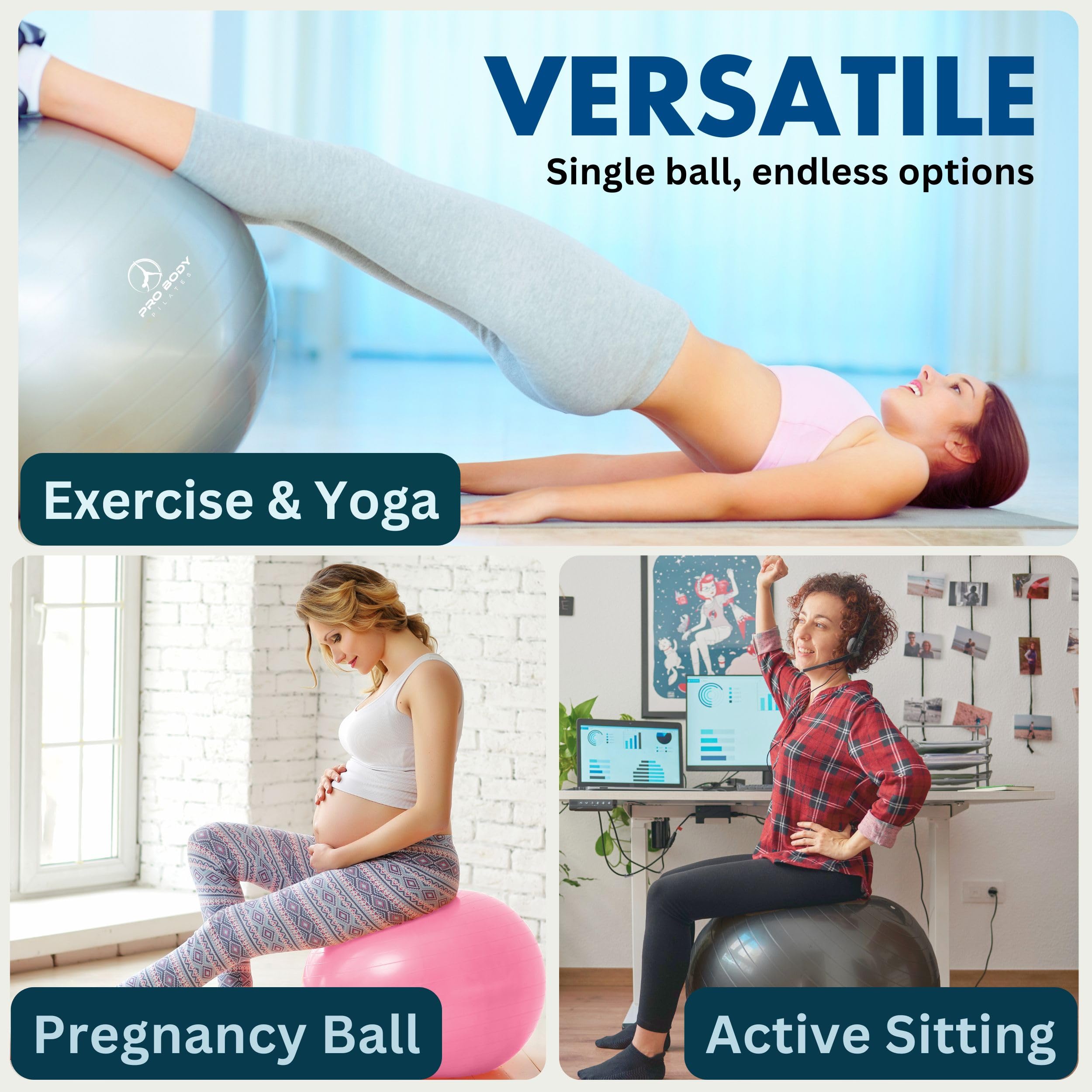 ProBody Pilates Exercise Ball - Multiple Sizes Gym Grade Balance Ball for Fitness, Workout, Pregnancy & Physical Therapy, Stability Yoga Ball Chair (Aqua, 75 cm)