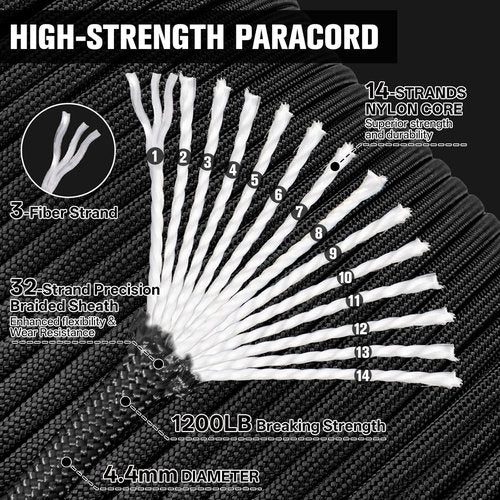 1200 Paracord Rope - 4.4mm Nylon Parachute Cord for Outdoor Camping & DIY Projects | Black 100FT