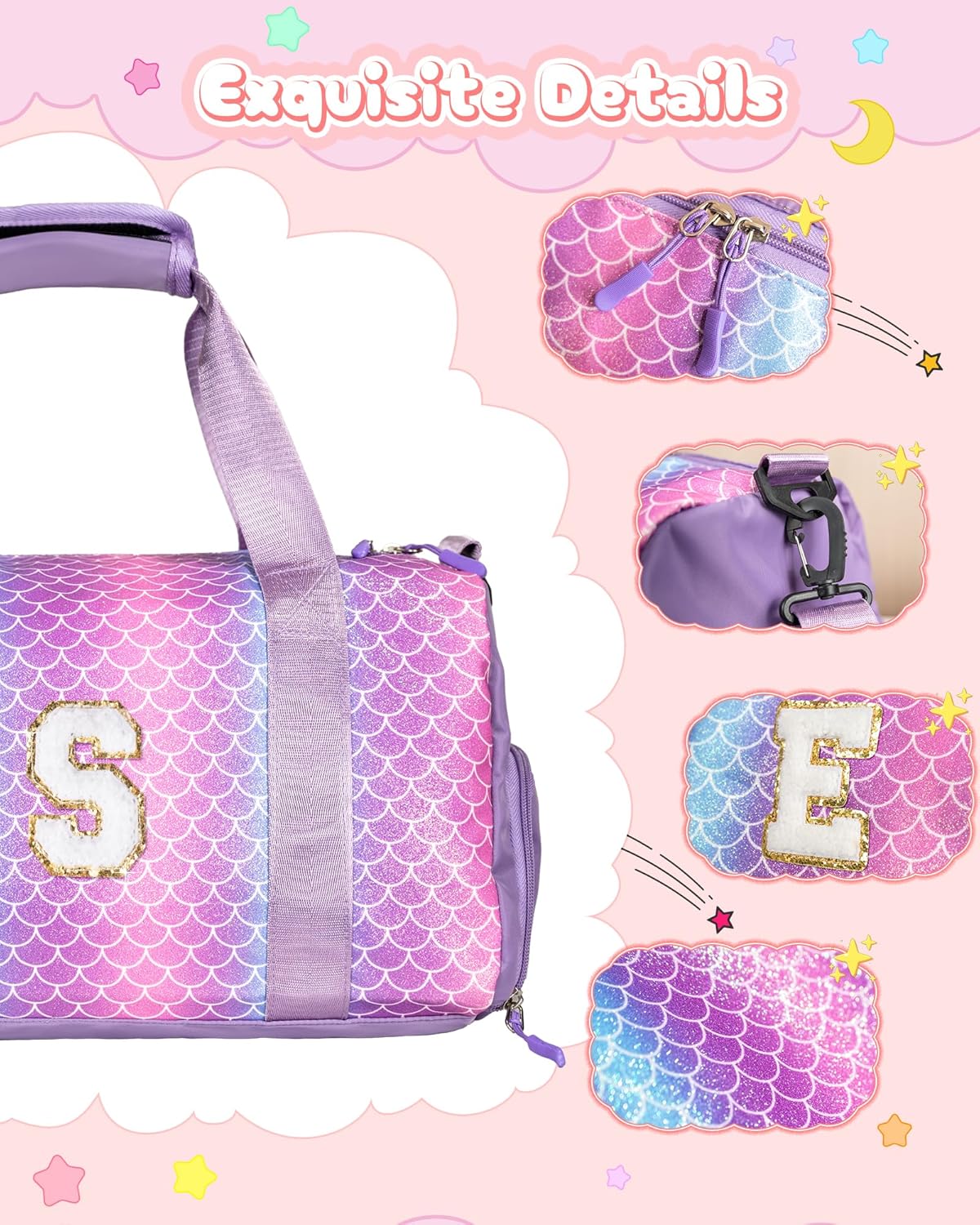 Skiennix Girl Gym Bag - Personalized Weekender Tote with Shoe Compartment & Makeup Pouch | Ideal Gift for Ages 3-10 (Letter M)