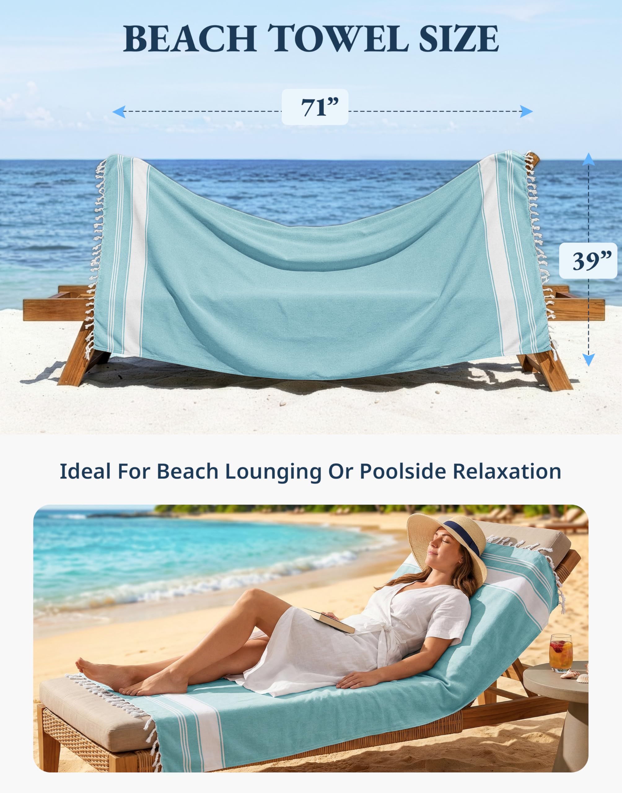 LANE LINEN Extra Large Beach Towel, Beach Towels Oversized, Pre-Washed, No Shrink, Quick Dry Pool Towels, Stylish Light Beach Towel for Women, Absorbent & Sand Free Towel, 39"x71" - Aqua