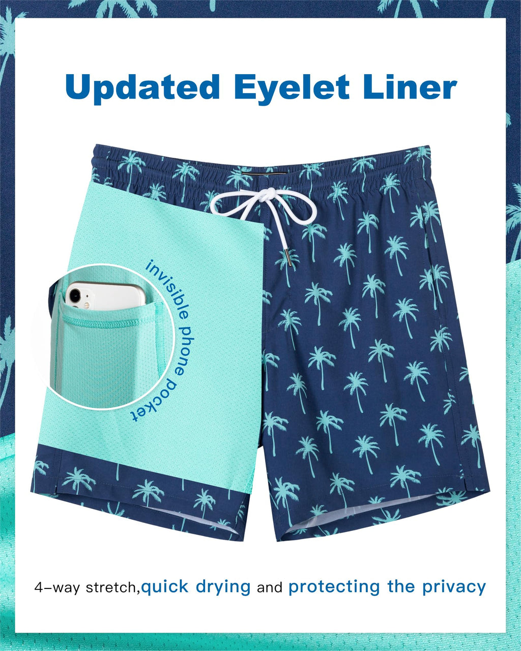 SURF CUZ Mens Swim Trunks with Compression Liner Quick Dry Swim Shorts 7" Swimming Trunks Stretch Bathing Suit Zipper Pockets,Beachside Palms,XS