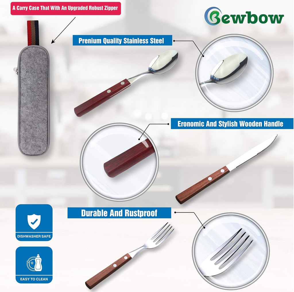 Skiennix Stainless Steel Travel Utensils Set - Eco-Friendly 3-Piece Fork & Spoon with Case