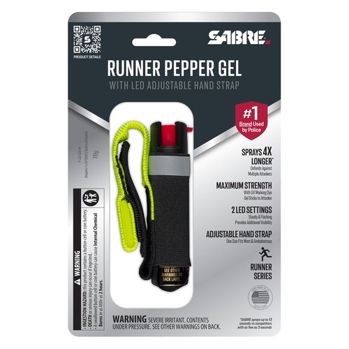 SABRE Runner Pepper Gel for Self Defense with Adjustable LED Hand Strap for Running, Always On or Flashing Light, Ambidextrous Fit, Max Strength 35 Bursts, Protect Against Multiple Threats, 0.67 fl oz
