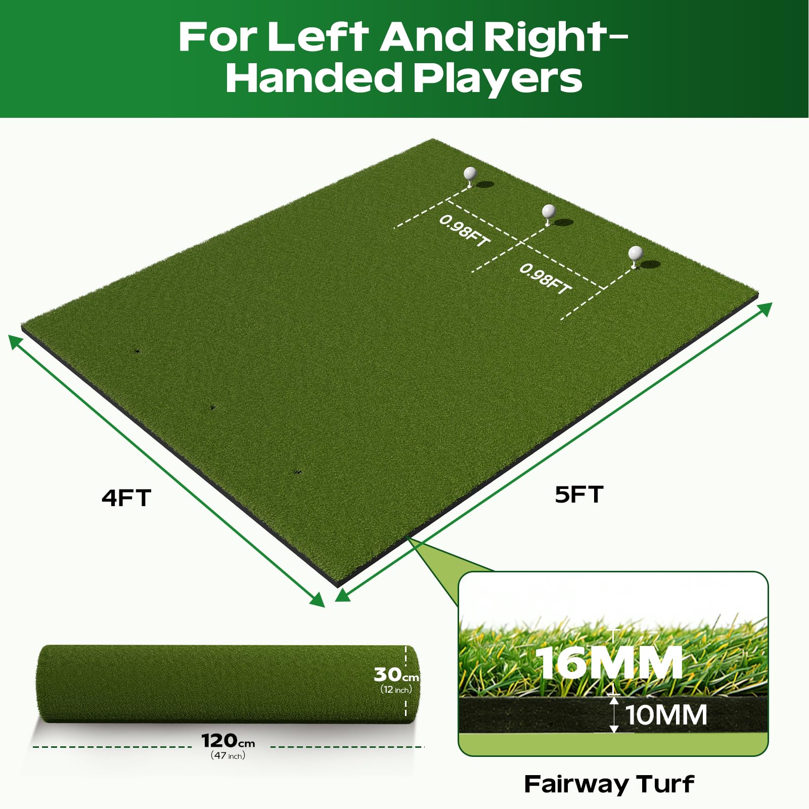 RIKADE 5x4ft Golf Hitting Mat, Backyard Garage Home Indoor Outdoor Practice Mat, 16mm Dense Short Turf with 6 Rotating Tee Holes, 10mm High-Rebound Non-Slip EVA Base Golf Training Mat