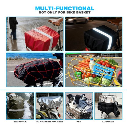 MATTISAM Waterproof Bike Basket Rain Cover and Bungee Cargo Net - Elastic Bicycle Basket Liner with Reflective Strip, Fits Most Bikes (Black, Medium-60L)