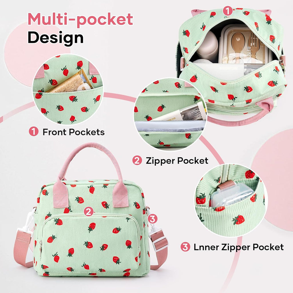 Skiennix Insulated Lunch Bag - Cute Corduroy Tote for Women | Reusable Cooler in Strawberry Design