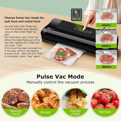 Bonsenkitchen Vacuum Sealer - Multi-Functional Food Preservation System with 5 Bags & Accessory Tube, Black