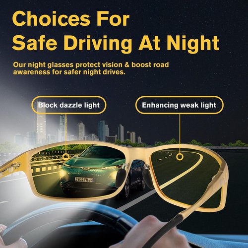 BIRCEN Night Vision Glasses for Driving: Al-Mg Metal Yellow Anti-Glare Night Glasses Reduce Eye Strain for Drivers Rain Snow