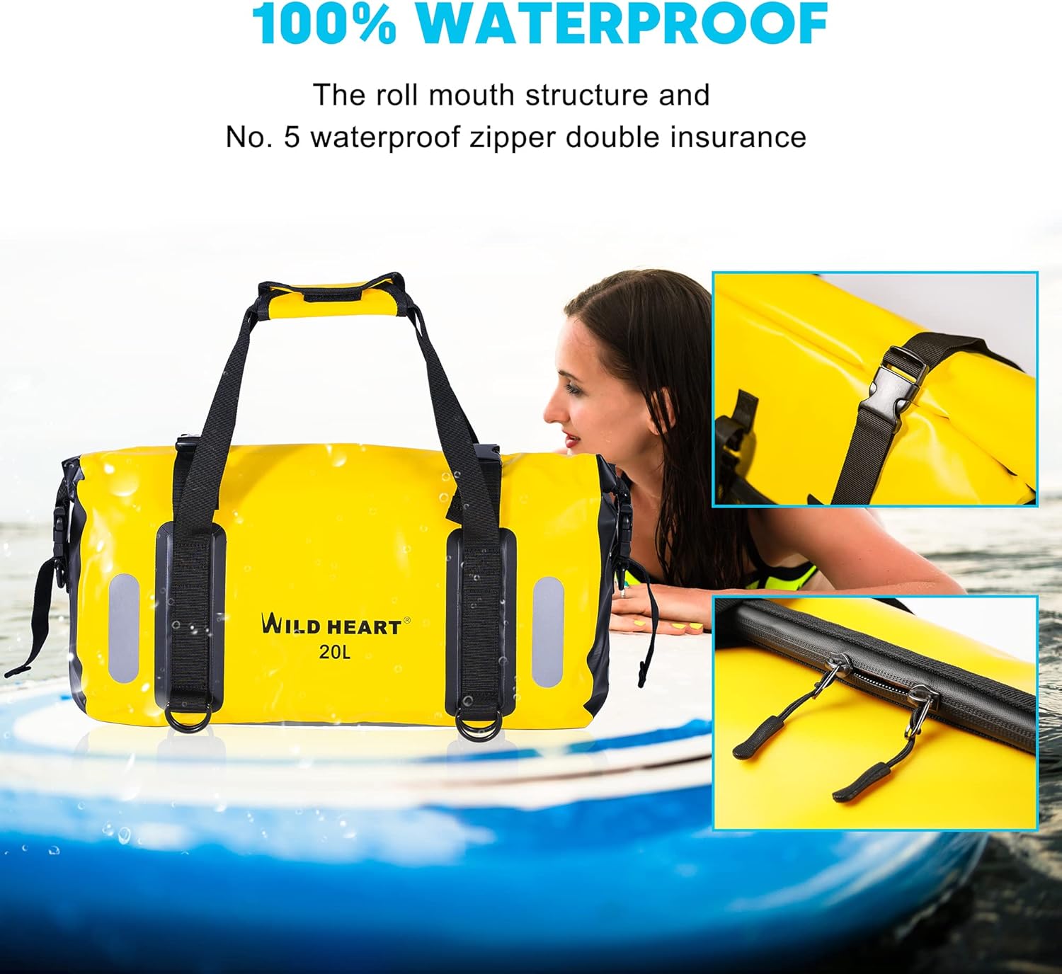 WILD HEART Waterproof Duffel Bag - Durable 20L/30L/40L with Welded Seams & Mesh Pocket for Outdoor Adventures