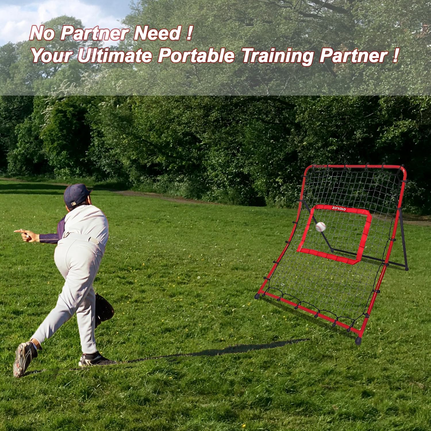 Zonlolo Baseball Pitchback Net - Adjustable Rebounder Trainer for Solo Practice | Three Angles