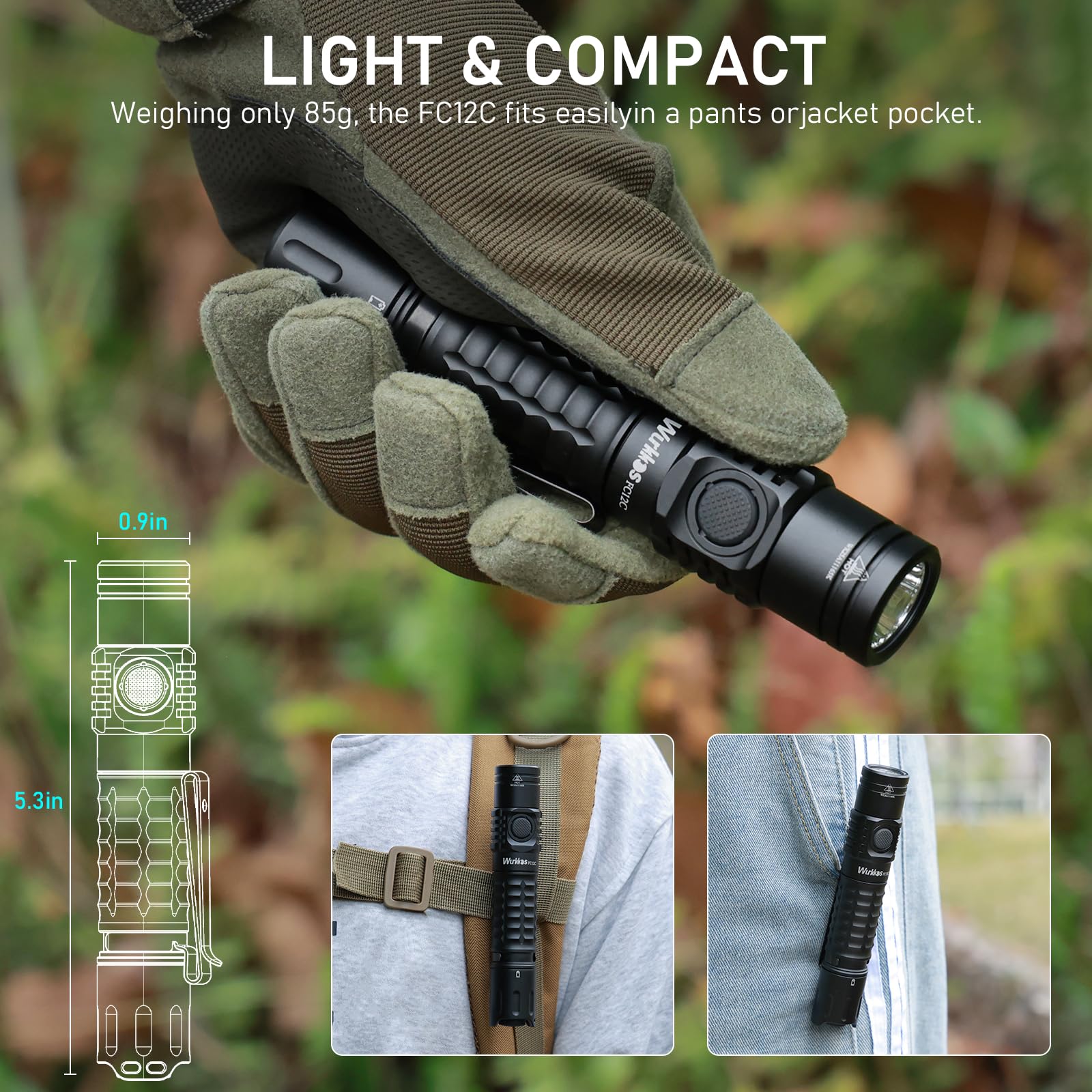 Wurkkos FC12C Tactical Flashlight 1600 High Lumens, Rechargeable LED Flashlights, 332M Long Throw Flash Light, IP68 Waterproof, Dual Switches and Constant Current Circuit for Home Camping Hiking