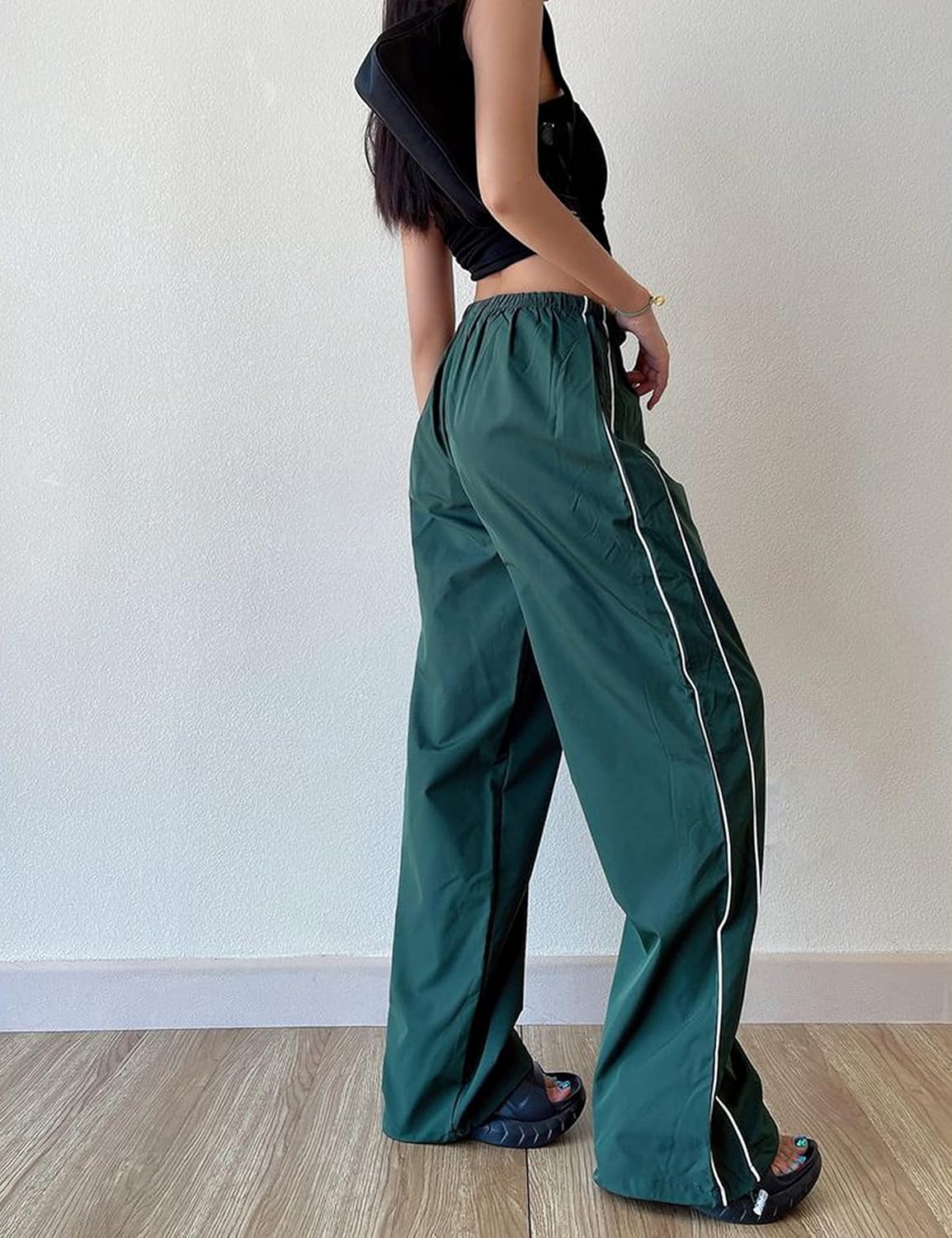 Springrain Women's Wide Leg Track Pants - Slouchy Stripe Detail Jogger Sweatpants with Pockets