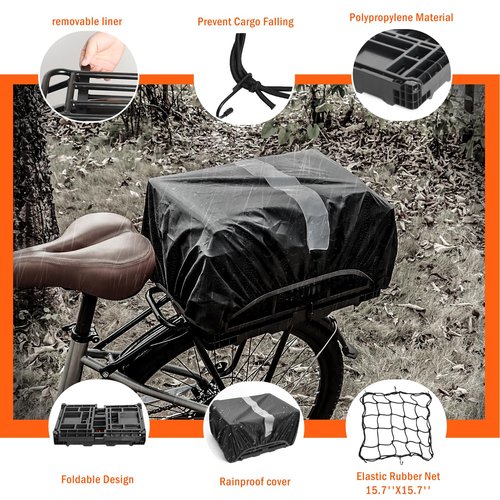 YEEGO DIRECT Bike Basket Rear, Folding Large Capacity Rear Bike Baskets, Collapsible Bicycle Storage Bike Milk Crate Rear Rack,Waterproof Cover for Shopping,Outings,Pets E-Bike Accessories (Black)