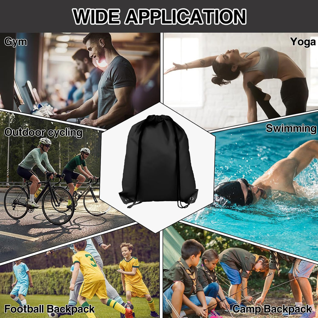 Skiennix Drawstring Backpacks - Medium Black Sports Bags for Gym, Travel & Beach Activities