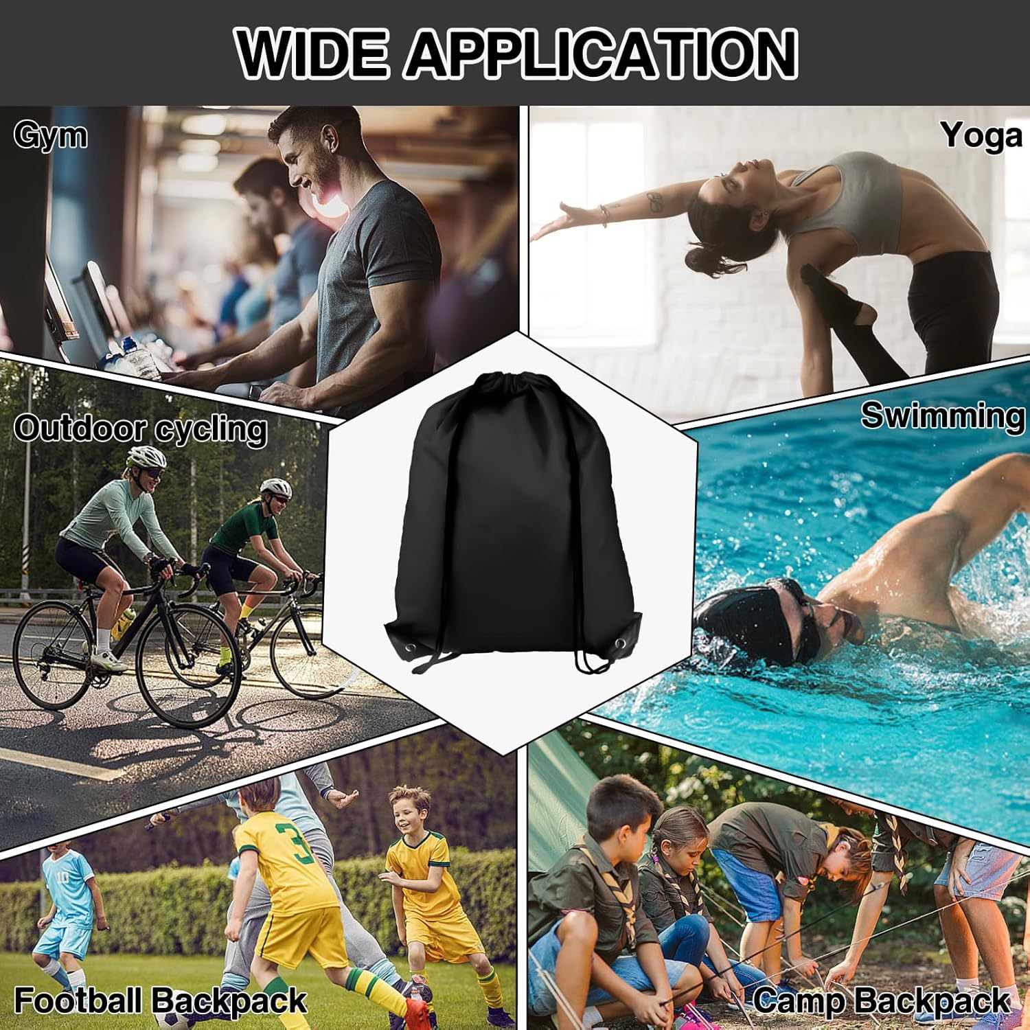 Skiennix Drawstring Backpacks - Medium Black Sports Bags for Gym, Travel & Beach Activities