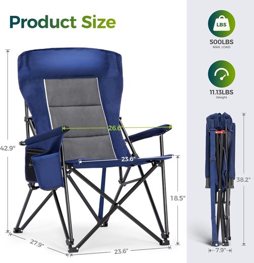 ALPHA CAMP Oversized Folding Camping Chair - Heavy Duty High Backrest Supports 500 LBS | Portable with Cup Holders & Large Side Pocket