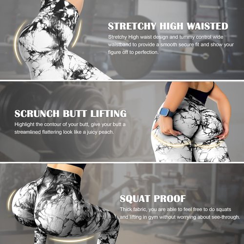 MOHUACHI Tie Dye Seamless Leggings for Women High Waist Yoga Pants, Scrunch Butt Lifting Workout Tights (Tie Dye Black White, XLarge)