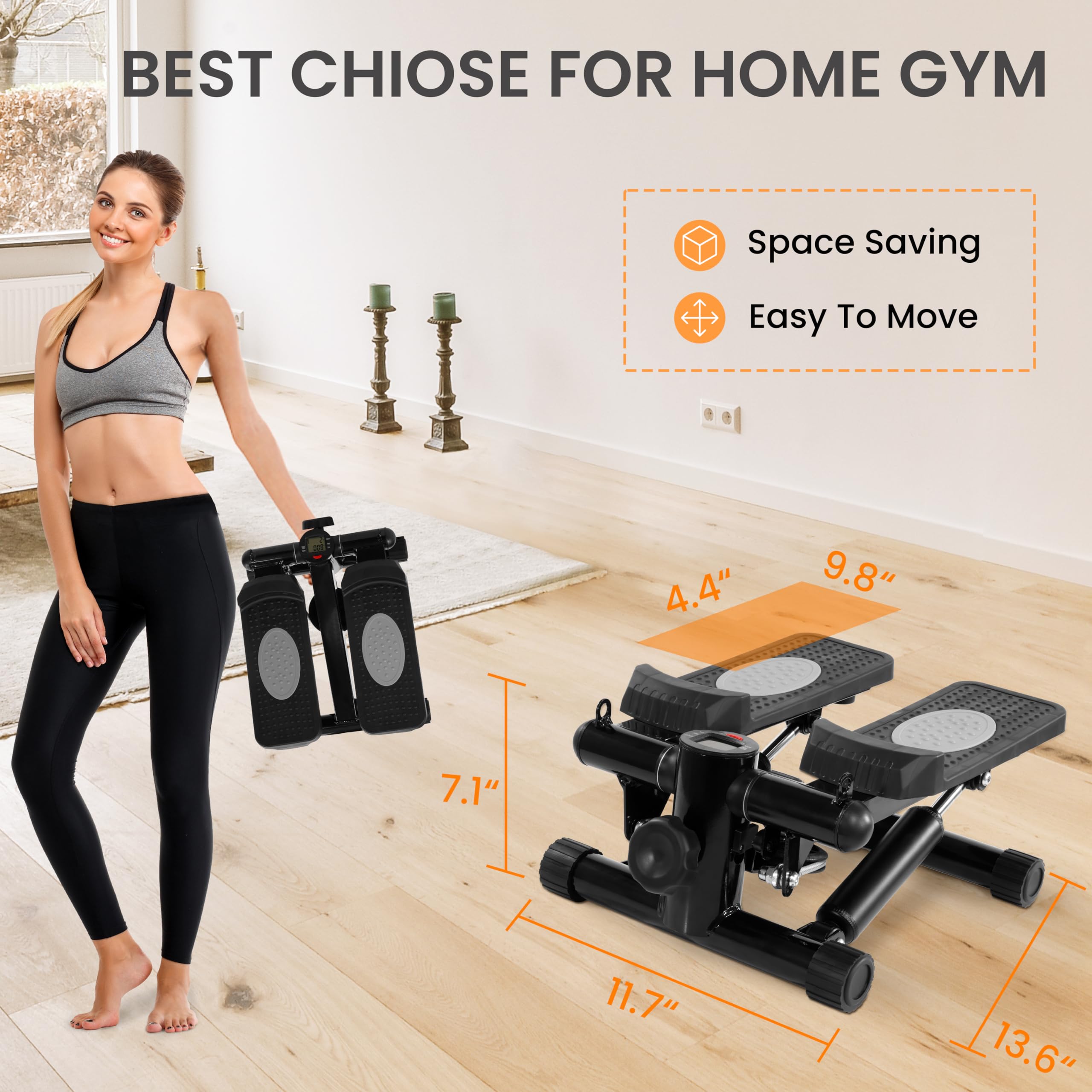Signature Fitness Pre-Assembled Adjustable Mini Stepper Stair Machine with Resistance Bands, Midnight Black