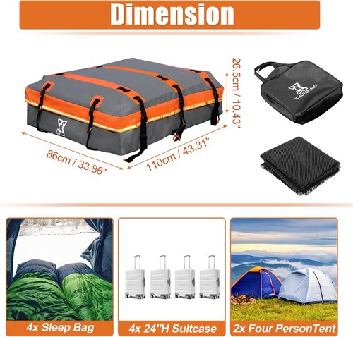 AUTOHAUX Waterproof Car Roof Bag - 15 Cubic Feet Cargo Carrier with Anti-Slip Mat & 6 Door Hooks | Gray