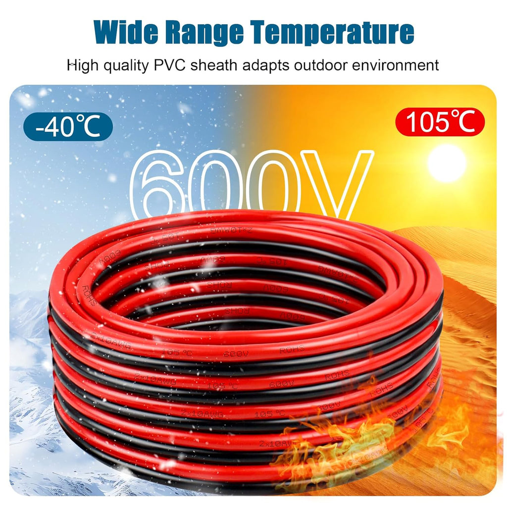 10 Gauge Copper Wire - Oxygen-Free 10 AWG Battery Cable for Solar, Automotive & RV | 30FT