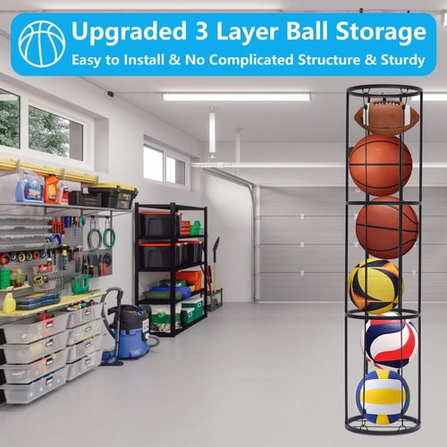 awagas 3 Layer Garage Ball Storage Rack, Wall-Mounted Basketball Holder, Space Saving Vertical Ball Rack for Soccer, Volleyball, Football Easier Access Ball Organizer, for Garages, Gym and Home