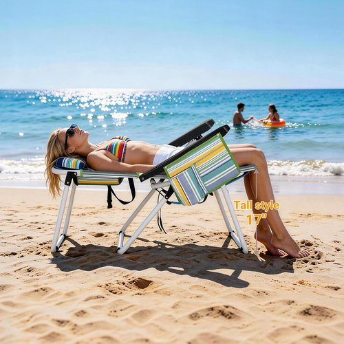 ABORON 17" Tall Folding Beach Chair - Heavy Duty 600D Oxford Fabric, 5-Position Recline & Cooler Bag
