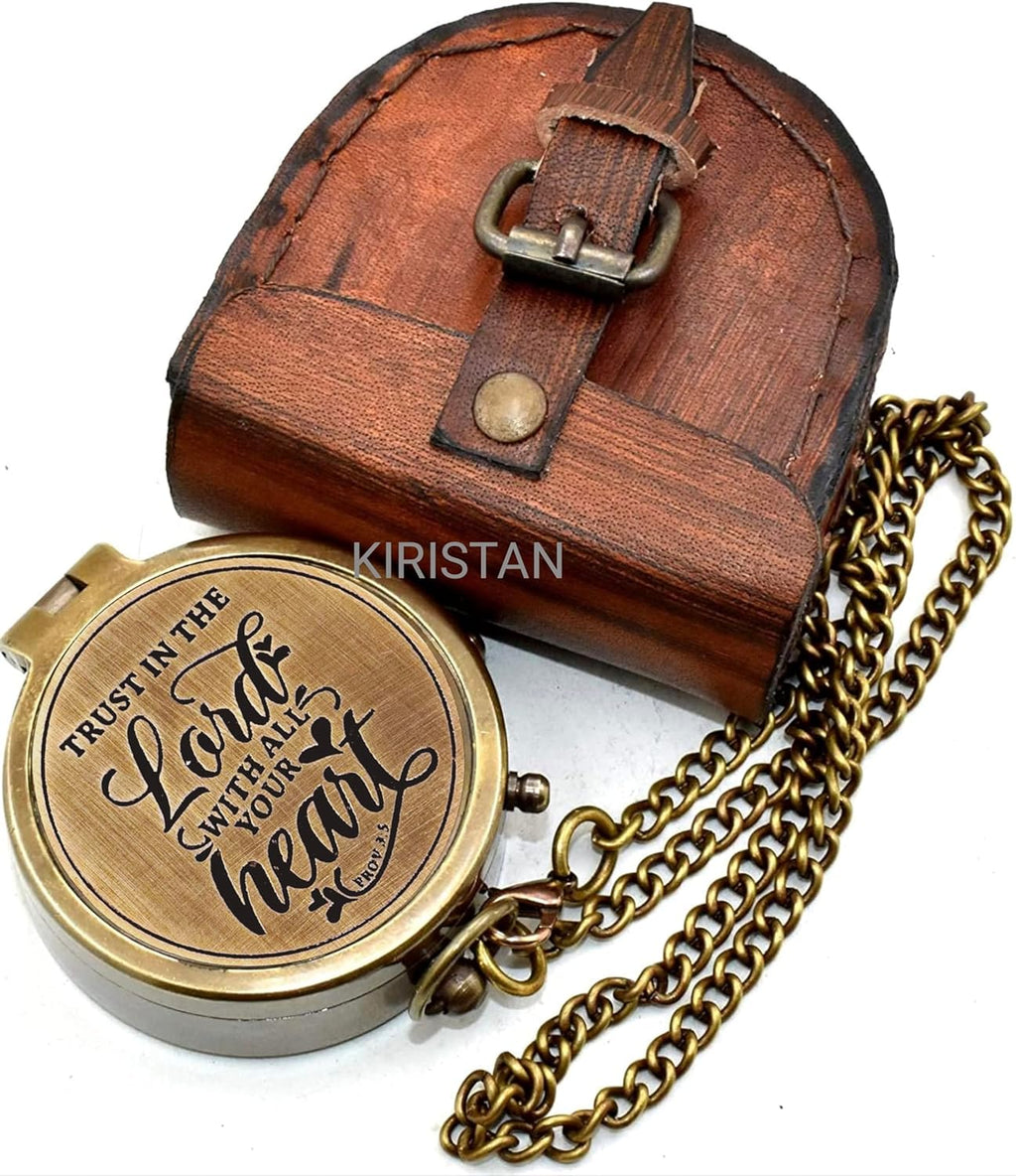 Trust In The Lord Compass - Engraved Antique Brass Pocket Compass with Leather Case | Faith Keepsake Gift for Men & Women