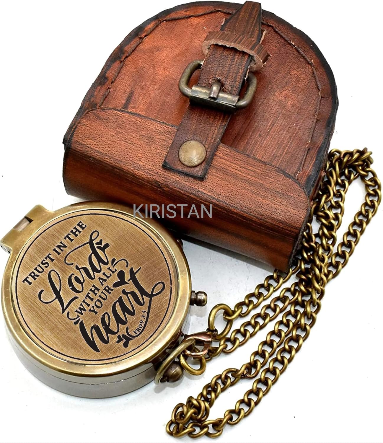 Trust In The Lord Compass - Engraved Antique Brass Pocket Compass with Leather Case | Faith Keepsake Gift for Men & Women