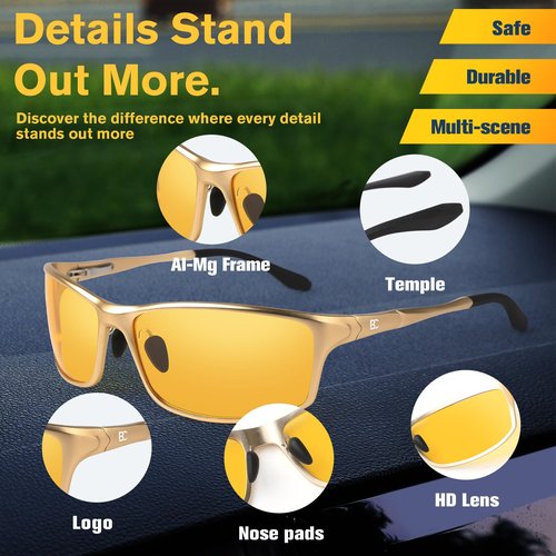 BIRCEN Night Vision Glasses for Driving: Al-Mg Metal Yellow Anti-Glare Night Glasses Reduce Eye Strain for Drivers Rain Snow
