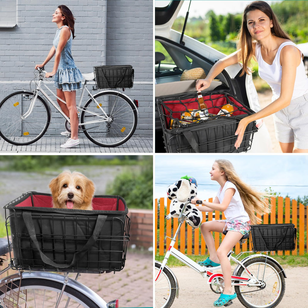 Riian Bike Basket Front/Rear, Thickened Shockproof Foldable Bicycle Basket with Waterproof Bag, Quick Release Design, Metal Bicycle Frame Basket for Adult Women Men