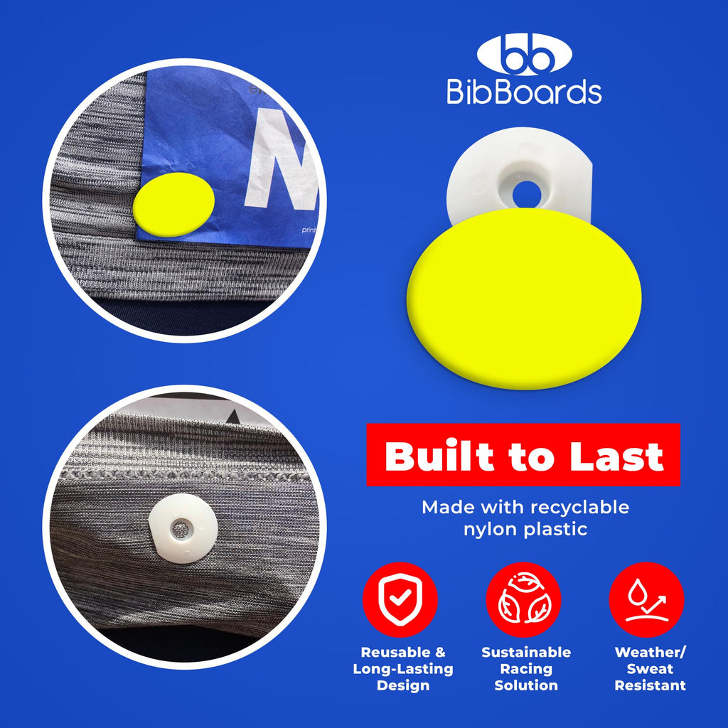 bibSNAPS Race Bib Clips - Safety Lock Fasteners - Secures Running, Marathon, Cycling and Event Number, Non Magnetic, Easy to Use, Soft & Reusable - Replacement for Pins & Magnets - Plain Yellow (4pcs)