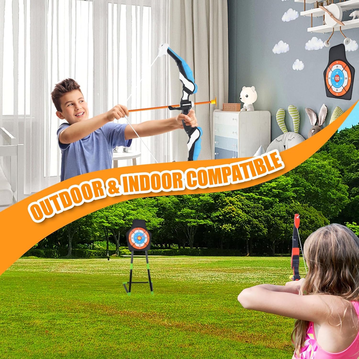 Skiennix Bow and Arrow Set - LED Light-Up Toy for Kids 4-12 | Includes 20 Suction Cup Arrows & Target