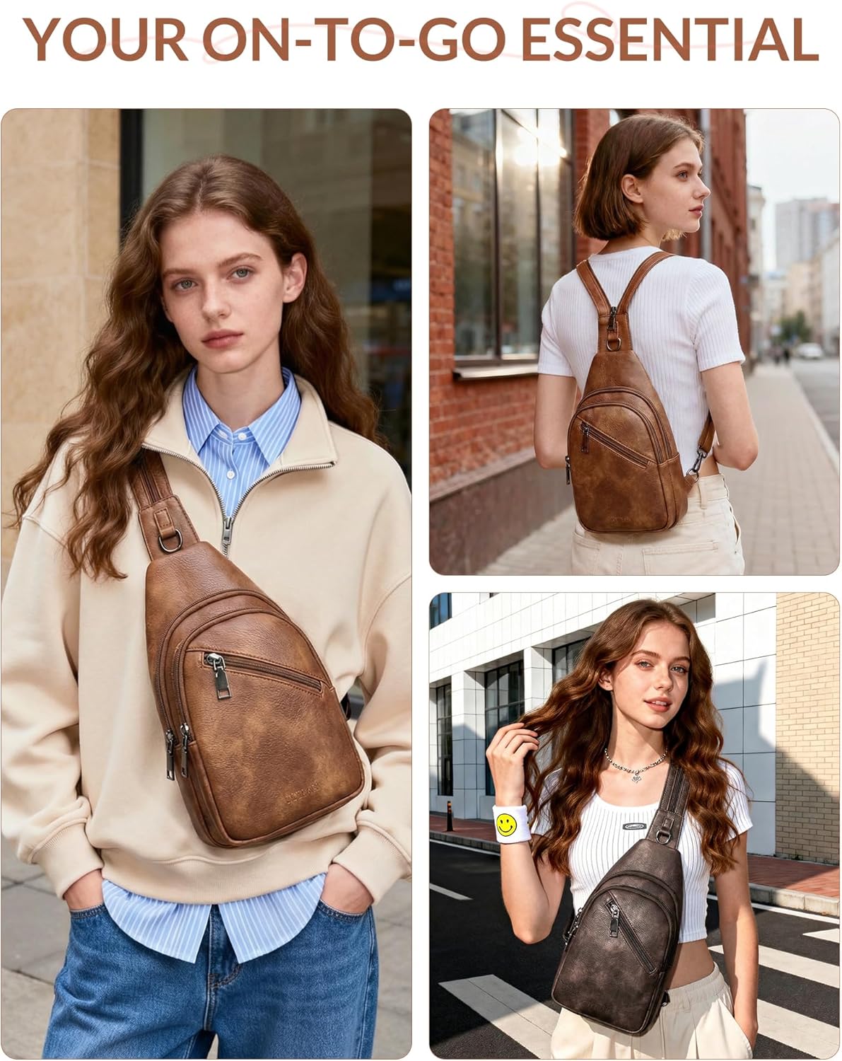 Skiennix Sling Bag for Women - Trendy Vegan Leather Crossbody Backpack | Dual-Purpose Strap, Beige Brown