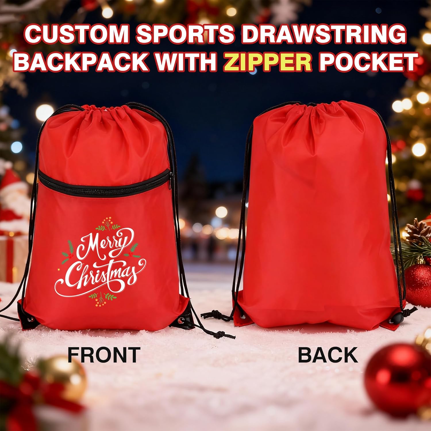 Skiennix Custom Drawstring Backpacks - Personalized Cinch Tote Bags with Zipper Pocket | 100/200 Pack