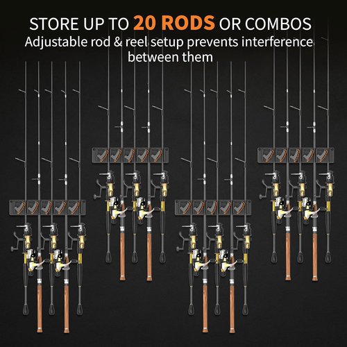 Fishing Rod Holder for Garage Wall, Vertical Fishing Pole Rack with TPE Soft Pads Each Holds Up to 5 Rods 0.1"-0.75" – Wall Mounted Fishing Rod Storage Organizer,Gifts for Men – 4 PACK (Holds 20 Rods)