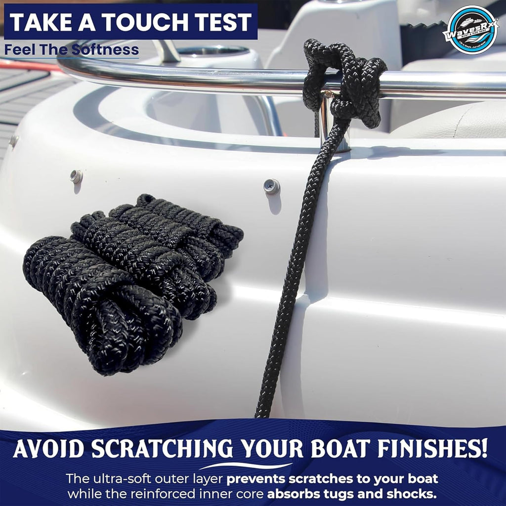WavesRx Premium Fender Line - Double Braided Nylon Dock Ropes | 3/8'' x 6' (4 Pack) for Boats & Pontoons