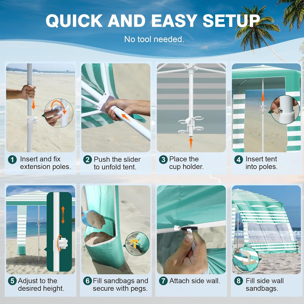 Rhino Valley Beach Tent - 8x8 FT UPF50+ Sun Protection | Easy Setup & Wind Resistant Canopy - Green/White